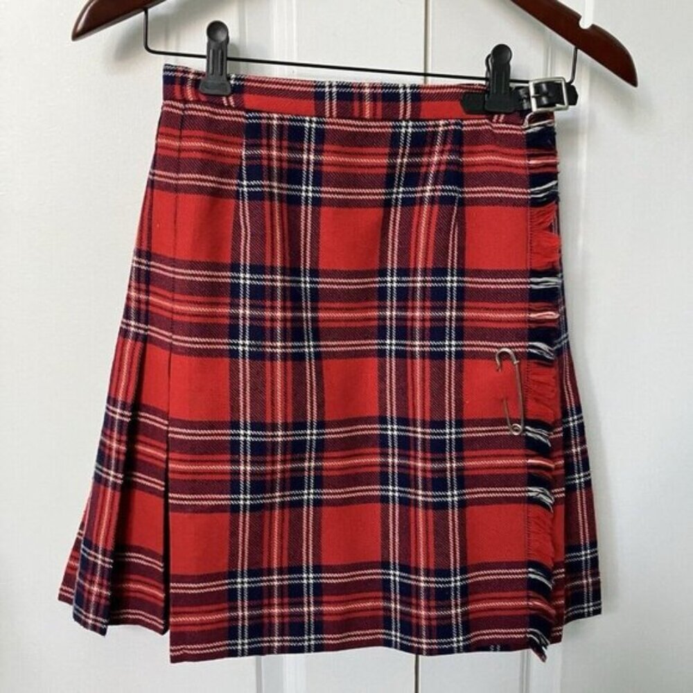 Vintage Highland Queen Kilt Skirt Red Tartan Wool Blend Short Mini